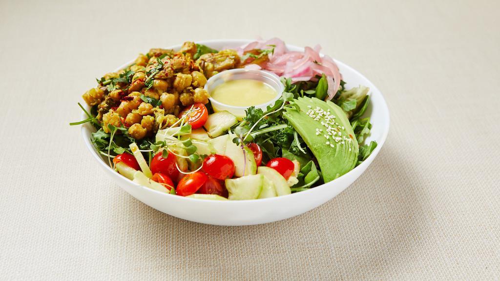 Mediterranean Chickpeas Salad (V) · Mixed green salad (arugula, spinach, lettuce) served with roasted curry chickpeas with mushroom, grape tomato, cucumber, parsley, avocado, pickled red onion and lemon-mustard vinaigrette. Gluten-free. Vegan.