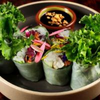 Tofu Fresh Spring Rolls · Tofu lettuce, mint leaves, basil, cucumber carrot, purple cabbage and vermicelli wrapped in ...