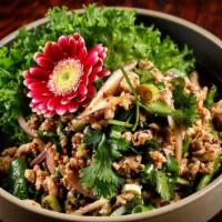 Larb Gai · Spicy. Minced chicken, red and green onions, cilantro, mint, and toasted rice citrus with li...