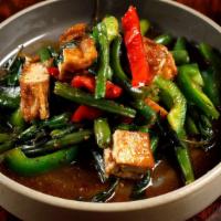 Spicy String Bean · Spicy. Stir fried tofu, string bean, carrot, and bell pepper with chili paste.