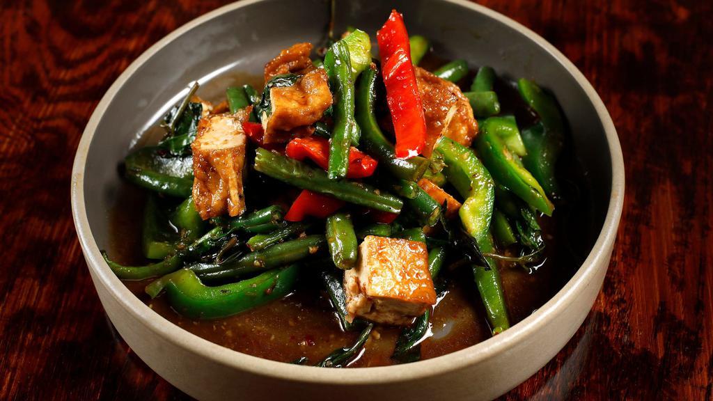 Spicy String Bean · Spicy. Stir fried tofu, string bean, carrot, and bell pepper with chili paste.