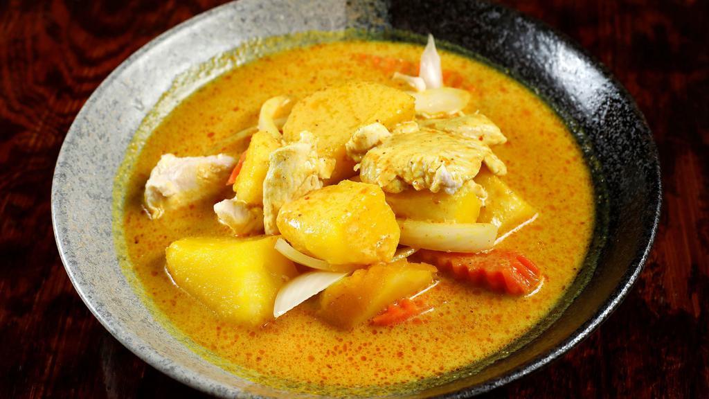 Yellow Curry · Spicy. Yellow curry paste with coconut milk, potato, carrot, and onion with your choice of protein.