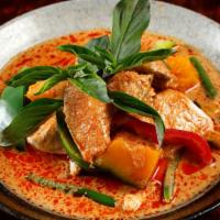 Pumpkin Curry · Spicy. Kabocha squash, bell pepper, basil, and string bean in red curry sauce with your choi...