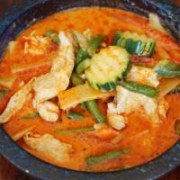 Red Curry · Spicy. Curry paste coconut milk, bamboo shoot, bell pepper, green bean and basil with your c...