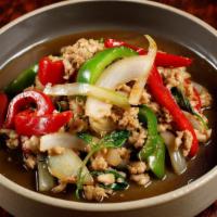 Spicy Basil · Minched chicken stir-fried Thai basil, fresh chili, bell pepper, and onion with brown garlic...