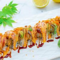 Crazy roll (8pcs) · Shrimp tempura and spicy tuna inside,topped with salmon and avocado, tobiko,spicy mayo,speci...