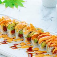Sea Garden roll (8pcs) · Spicy tuna and avocado instead,topped with Salmon,avocado,shrimp and tobiko,spicy mayo,speci...