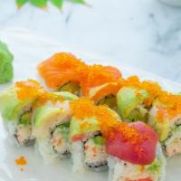 Rainbow roll (8pcs) · Imitation crab meat avocado inside, topped with assorted fish and tobiko