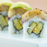 Veggie Dragon Roll · Tempura sweet potato roll topped with grilled eggplant and avocado.