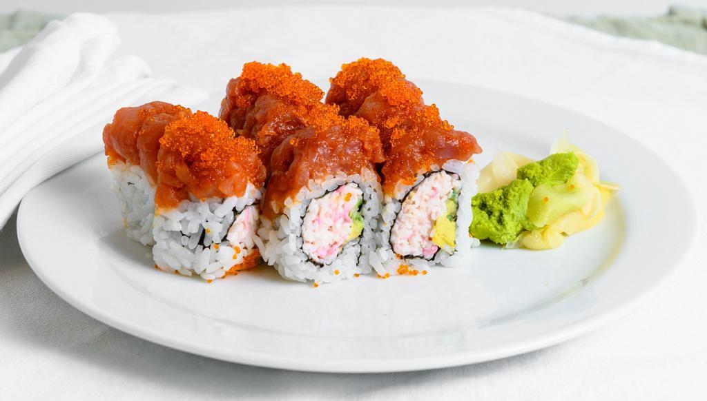 Red Dragon Roll · California roll topped with spicy tuna and tobiko.