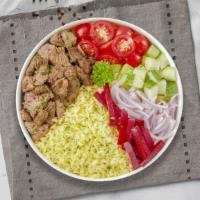 Gyro Beef Baby Plate · Gyro beef with grilled onions and tzatziki served with saffron rice and salad on the side.