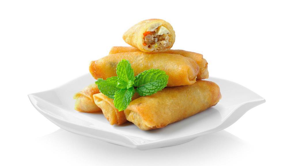 Egg Rolls · Five pieces of crispy golden egg rolls mixed in with carrots, mushroom and jicama.