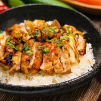 Fire Grilled Chicken Bowl · Medium spicy. Grilled chicken thigh, garlic, lemongrass, cilantro, Thai chili, fresh shallot...