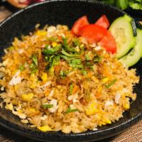 Crab Fried Rice Bowl · Mild to medium spicy. Fried rice, real crab meat, scrambled egg, yellow onion, garlic, fried...