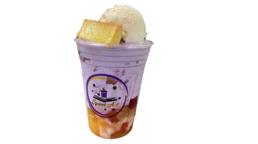 Ultimate Halo-Halo · A famous Filipino dessert mixed with different sweet fruits  and various ingredients with vanilla ice cream on top.   24 oz