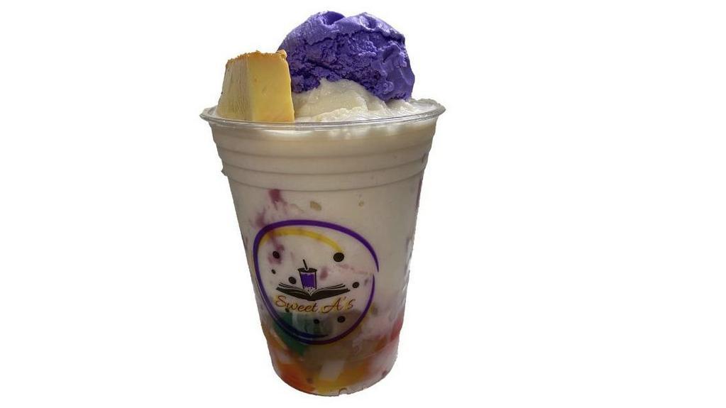 Classic Halo-Halo · A famous Filipino dessert mixed with different sweet fruits  and various ingredients with ube ice cream on top. 24 oz.