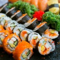 Vegetarian Sushi Combo · Two pieces of Inari (Sweetened Fried Tofu), 2 pieces of Seaweed salad Sushi, and 8 pieces of...