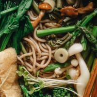 Vegetable Soba Soup · Japanese-style soup, prepared with Soba (buckwheat noodles), fresh vegetables, house seasoni...