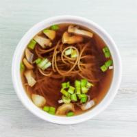 Plain Soba Soup · Japanese-style soup, prepared with Soba (buckwheat noodles), green onions, seaweed, sesame s...