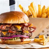 Big Bacon Bbq Burger* · Two beef patties, six slices of bacon, house BBQ, cheddar, red onion, pickles.