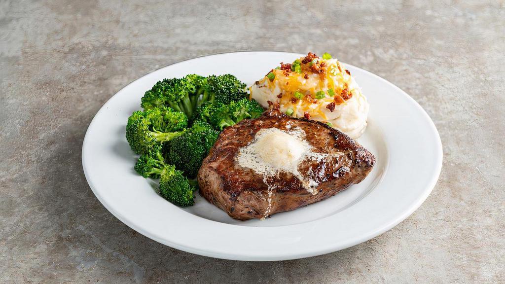 Classic Sirloin* - 10Oz · Seasoned & topped with garlic butter. Served with loaded mashed potatoes (add 350 cal), and steamed broccoli (add 40 cal).