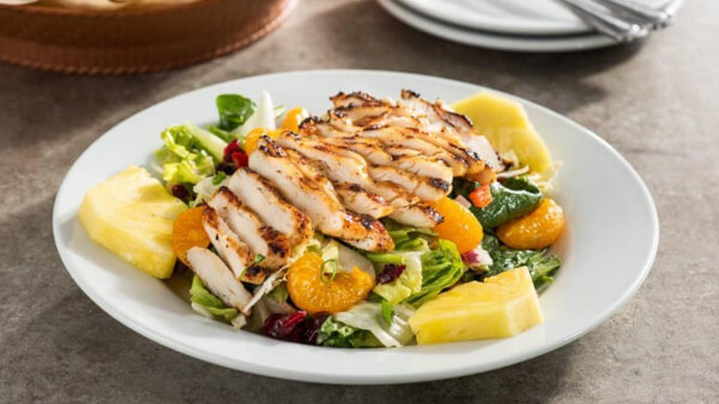 Caribbean Salad with Grilled Chicken · Pineapple, mandarin oranges, dried cranberries, red bell peppers, green onions, cilantro, with honey-lime dressing.