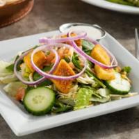 Side House Salad · Tomatoes, red onions, cucumbers, shredded cheese, garlic croutons with your choice of dressi...