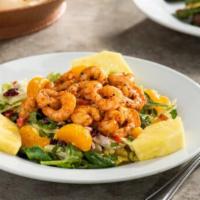 Caribbean Salad with Seared Shrimp · Pineapple, mandarin oranges, dried cranberries, red bell peppers, green onions, cilantro, wi...