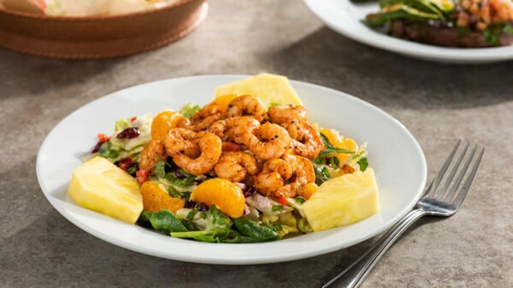Caribbean Salad with Seared Shrimp · Pineapple, mandarin oranges, dried cranberries, red bell peppers, green onions, cilantro, with honey-lime dressing.
