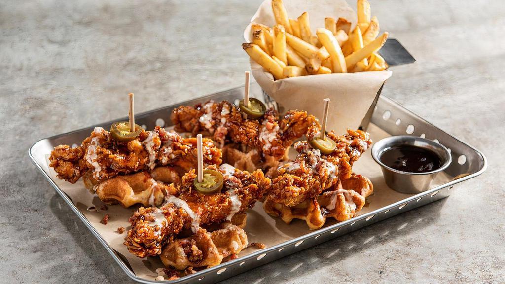 Honey-Chipotle Crispers® & Waffles · Crispers on top of Belgian waffles. Topped with bacon, jalapeños, ancho-chile ranch. Served with fries & honey-chipotle sauce.