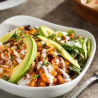 Chipotle Shrimp Fresh Mex Bowl · Shrimp, pico, field greens, Mexican rice, corn & black bean salsa, avocado, shredded cheese,...