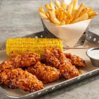 Crispy Honey-Chipotle Chicken Crispers® · Served with fries, corn on the cob and ranch.
