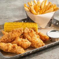 Crispy Chicken Crispers® · Served with fries, corn on the cob and choice of honey-mustard, BBQ sauce or house-made ranch.
