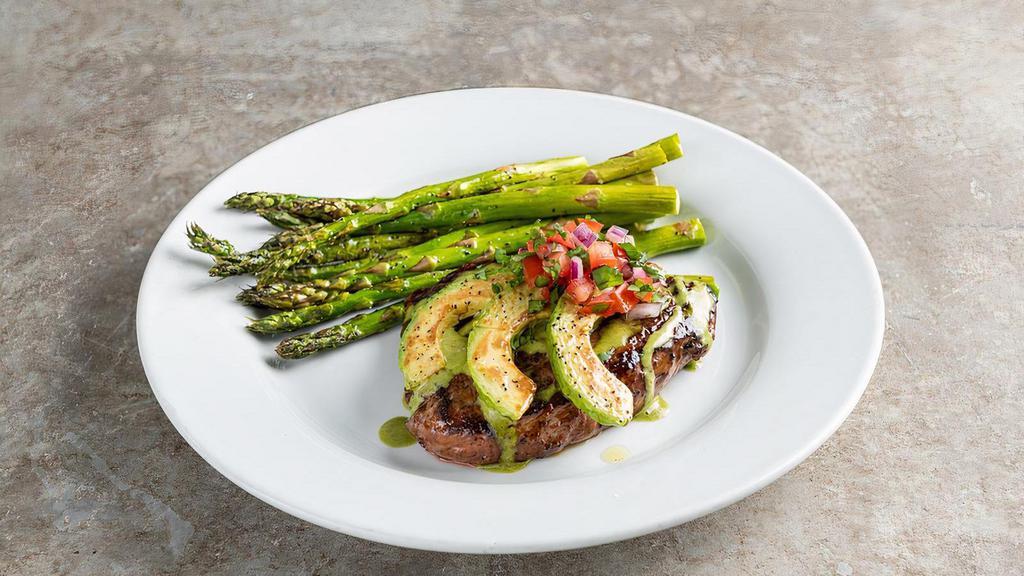 6 Oz. Classic Sirloin* With Grilled Avocado · Seasoned and topped with spicy citrus-chile sauce, grilled avocado slices, cilantro & pico. Served with roasted asparagus.