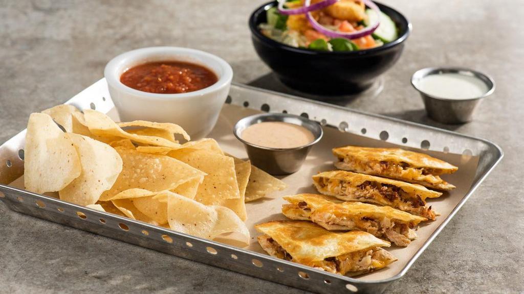 Lunch Combo - Bacon Ranch Chicken Quesadillas · Chicken, bacon, shredded cheese, chile spices & house-made ranch. Served with chips & salsa and ancho-chile ranch.