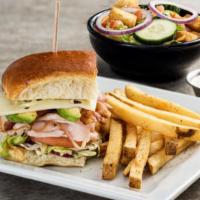 Lunch Combo - California Turkey Club · Half sandwich with turkey, bacon, avocado, tomato, red onion, swiss, lettuce, cilantro-pesto...