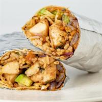 Chicken Saltado Burrito · A Mexican Burrito with a Peruvian twist. Chicken stir fry with refried beans and rice (tacu ...