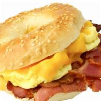 Bacon, Eggs & Cheese Breakfast Bagel · Crispy bacon, eggs and mouthwatering cheese on a bagel.