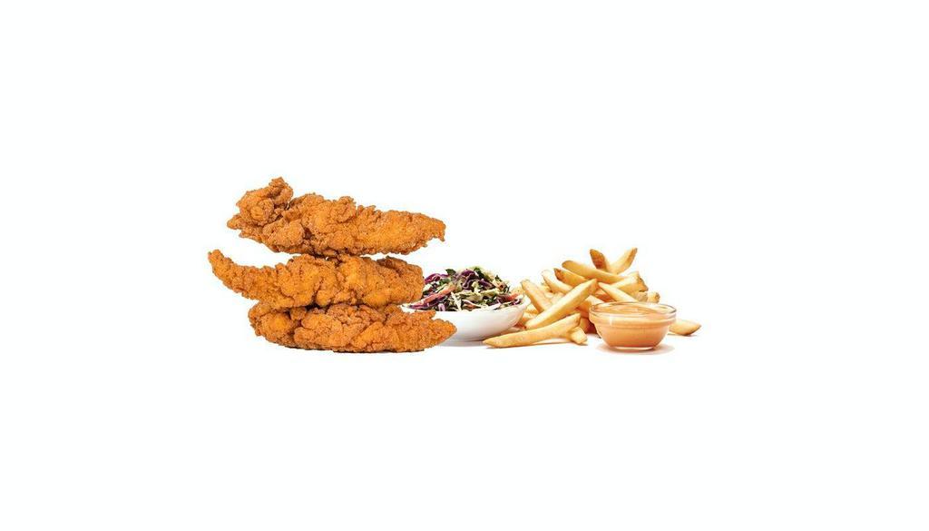 4 Tender Box · Four crispy tenders, super slaw, house-seasoned fries, two house-made dipping sauces.