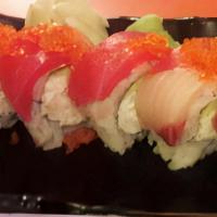 Rainbow Roll · Undercooked. Five kind of fish over CA roll with tobiko.