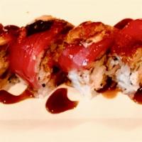 Red Dragon · Undercooked. Shrimp tempura, cucumber, crab inside tuna, unagi, tobiko with unagi and house ...