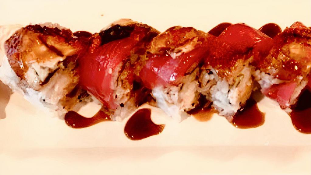 Red Dragon · Undercooked. Shrimp tempura, cucumber, crab inside tuna, unagi, tobiko with unagi and house sauce.