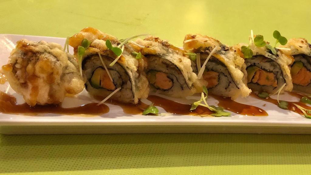 Samurai · Undercooked. Salmon, avocado deep fried, unagi on top with unagi sauce.