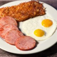 Canadian Bacon and Eggs · Four slices of sugar cured hickory smoked Canadian bacon and two large fresh USDA eggs, serv...