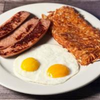 Chicken Apple Sausage · Chicken apple sausage, shredded hash browns and two large fresh USDA eggs, served any style.