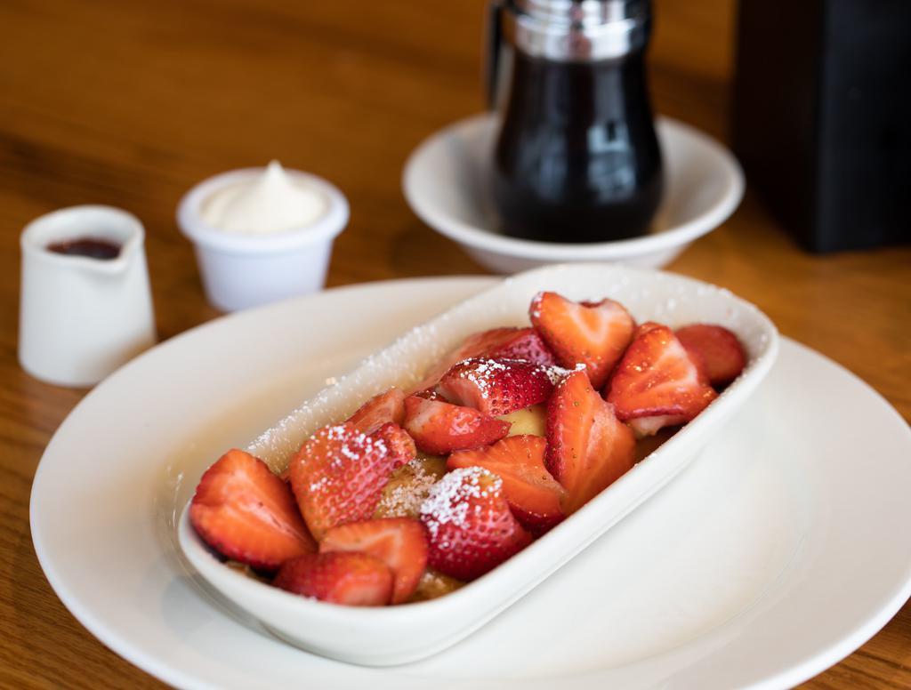 Fresh Fruit Crepes · Three delicate crepes filled and topped with luscious fresh fruit in season and lightly dusted with powdered sugar. Topped with fresh whipped cream. cal 1280
