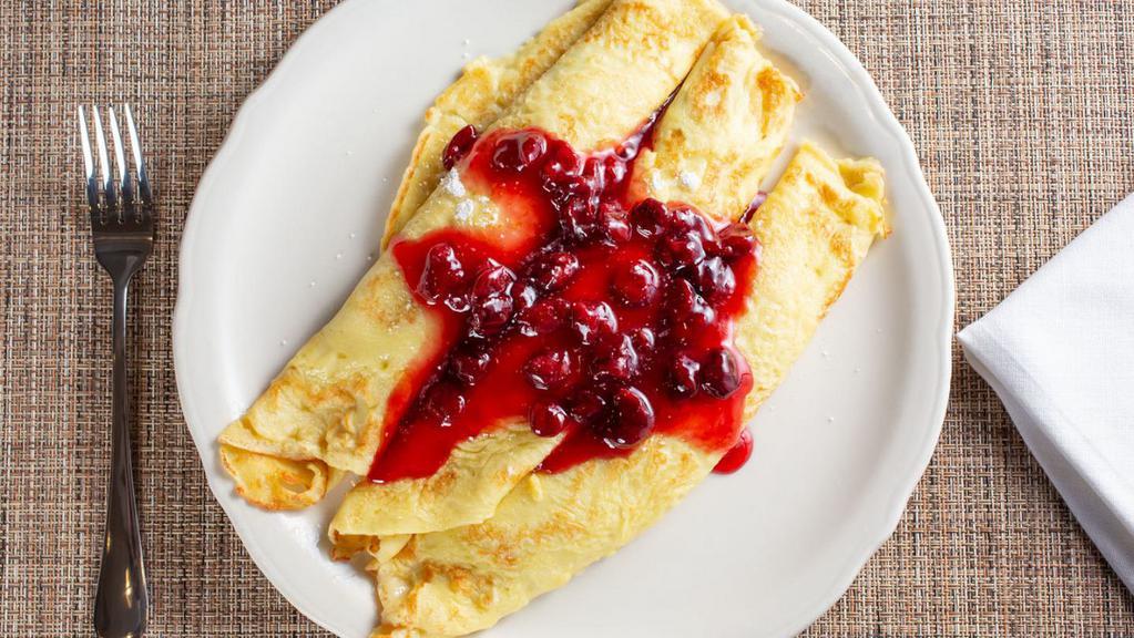 Cherry Kijafa Crepes · A danish favorite. Three delicate crepes filled and topped with Montmorency cherries simmered in our Kijafa® wine sauce. Lightly dusted with powdered sugar. 1,190 cal.