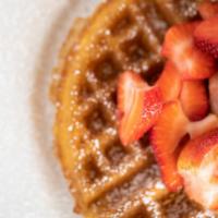 Fresh Strawberry Waffle · Topped with fresh cut strawberry and whipped cream.