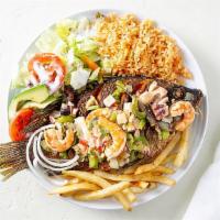 Good-Looking Fish (Pescado Guapo) · Fish topped with shrimps, octopus and crab imitation (Bañado con camarones, pulpo e imitació...