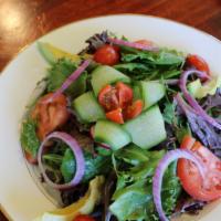 Organic Green Salad · Mixed spring greens with avocado, tomatoes, mushroom and radishes, served with your choice o...